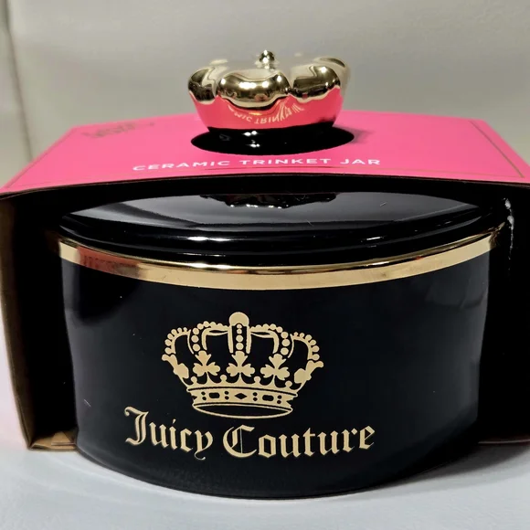 NEW Juicy Couture Black and Gold Bow Ceramic Trinket Jar with Lid, 5 Inches NWT - Picture 1 of 5